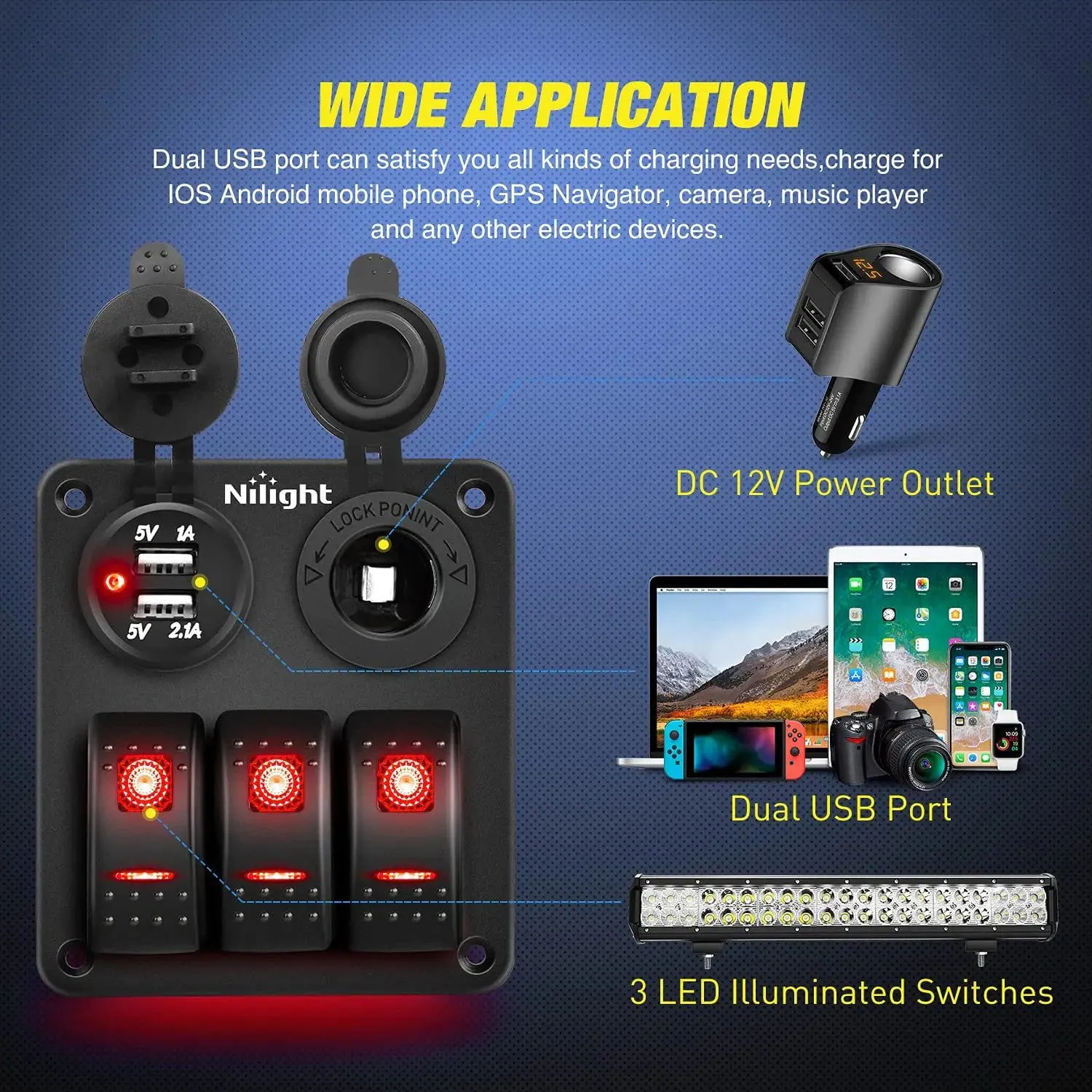 3Gang Aluminum 5Pin ON/Off Red Rocker Switch Panel w/ Dual USB Charger | Cigarette Lighter Socket