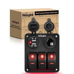 3Gang Aluminum 5Pin ON/Off Red Rocker Switch Panel w/ Dual USB Charger | Cigarette Lighter Socket