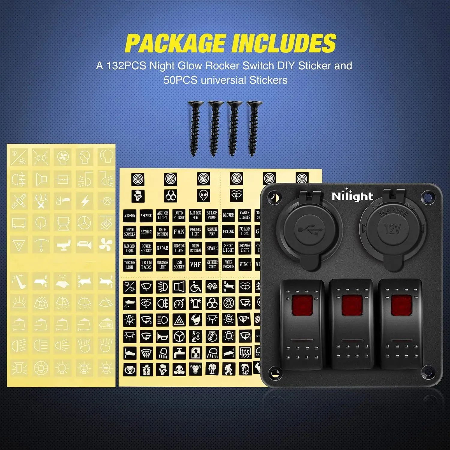 3Gang Aluminum 5Pin ON/Off Red Rocker Switch Panel w/ Dual USB Charger | Cigarette Lighter Socket