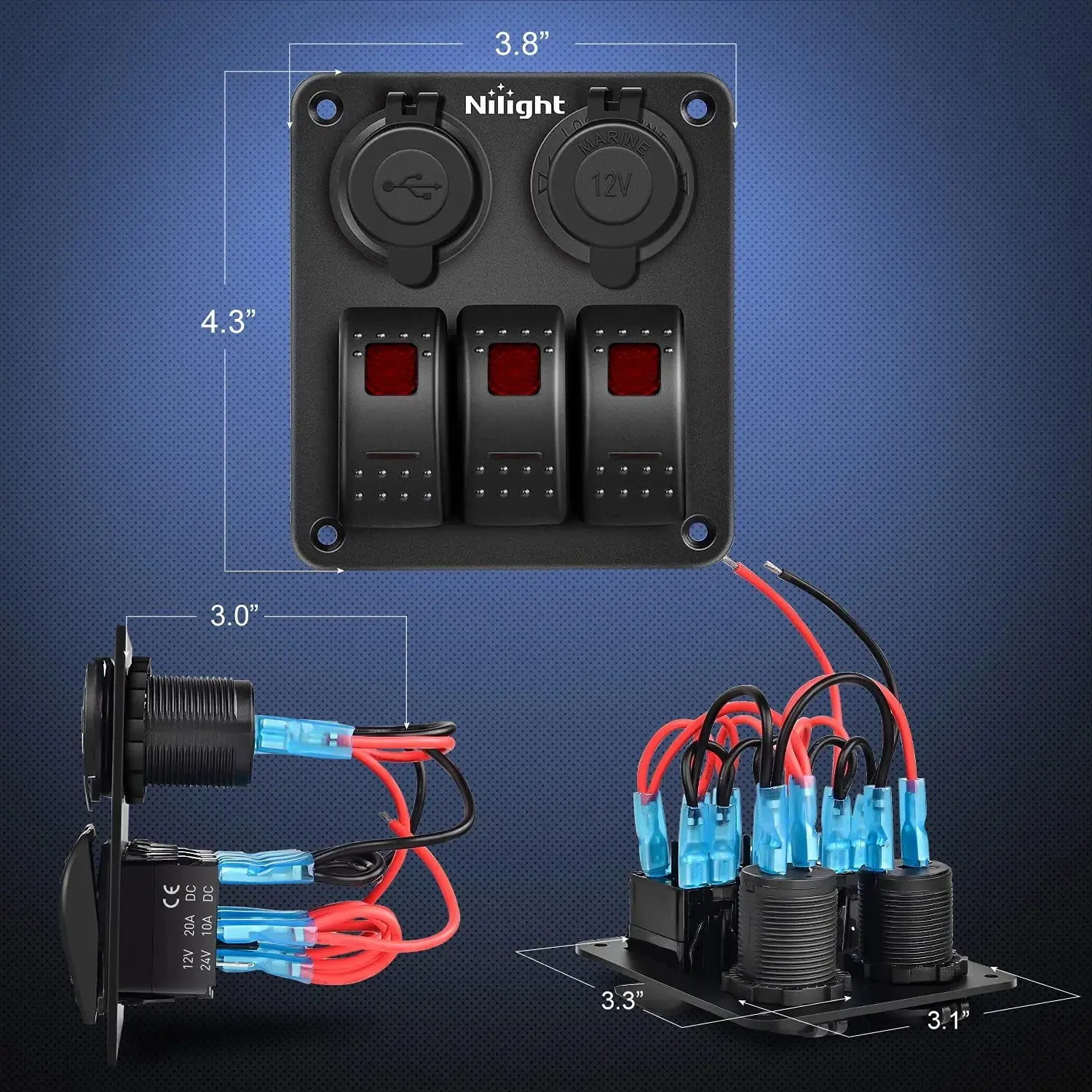 3Gang Aluminum 5Pin ON/Off Red Rocker Switch Panel w/ Dual USB Charger | Cigarette Lighter Socket