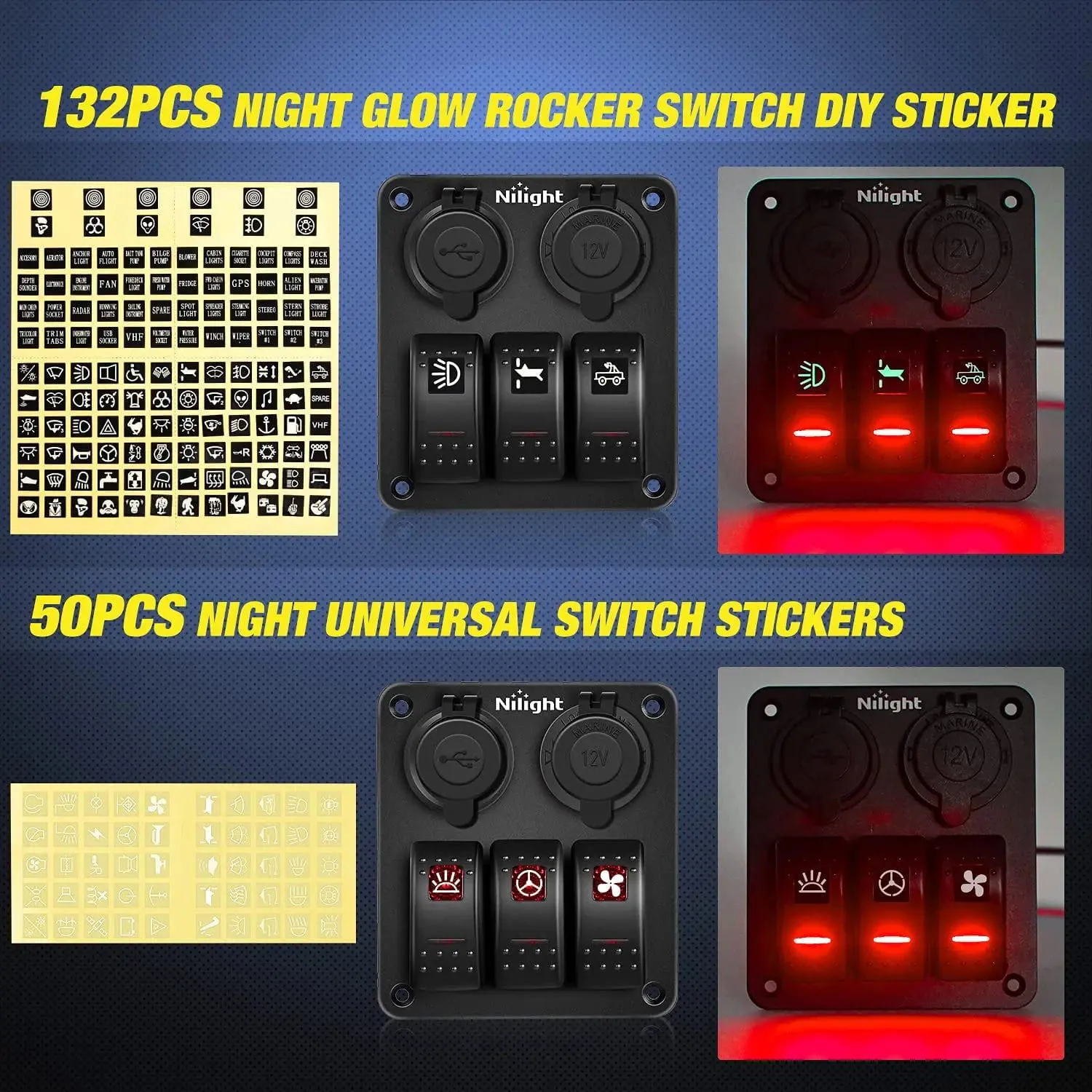 3Gang Aluminum 5Pin ON/Off Red Rocker Switch Panel w/ Dual USB Charger | Cigarette Lighter Socket