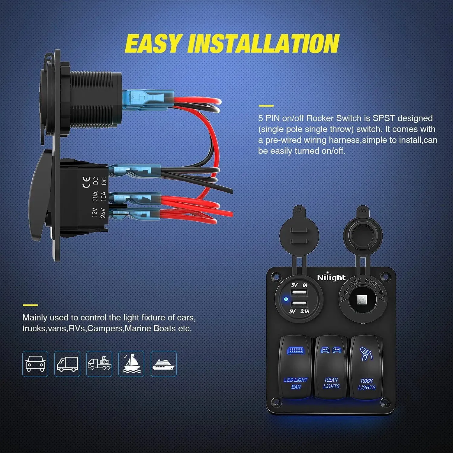 3Gang Led Light Bar/Rear Lights/Rock Lights 5Pin ON/Off Rocker Switch Panel W/ USB Charger Cigarette Lighter