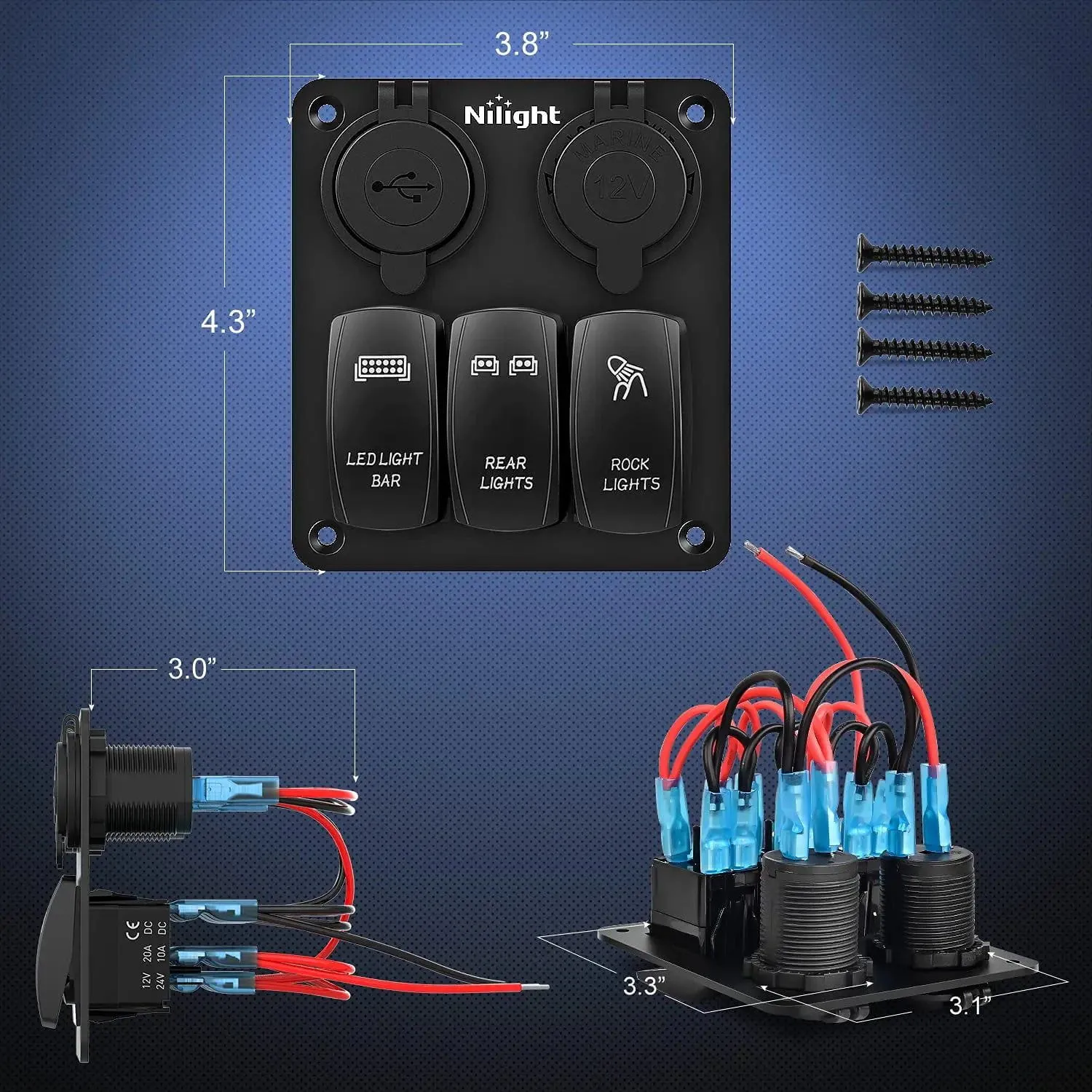 3Gang Led Light Bar/Rear Lights/Rock Lights 5Pin ON/Off Rocker Switch Panel W/ USB Charger Cigarette Lighter