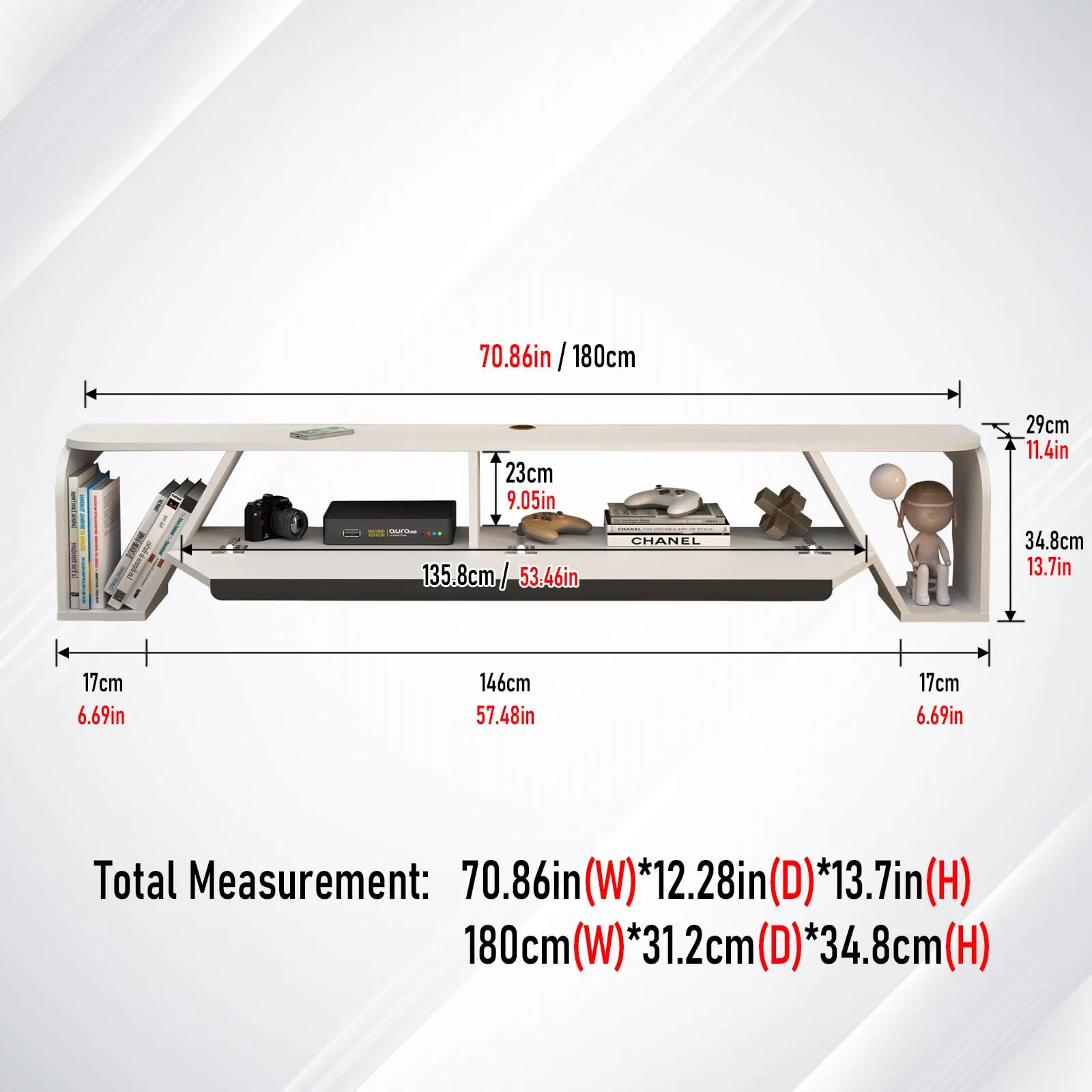 70" Simplex Floating TV Stand, White