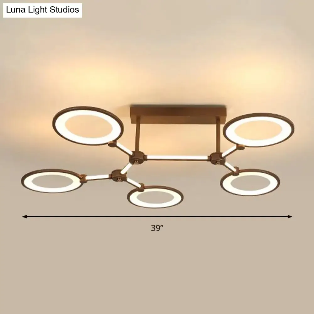 Acrylic Semi Flush Mount Ceiling Lamp - 5 Light Circle Ring Fixture for Contemporary Living Room in Coffee