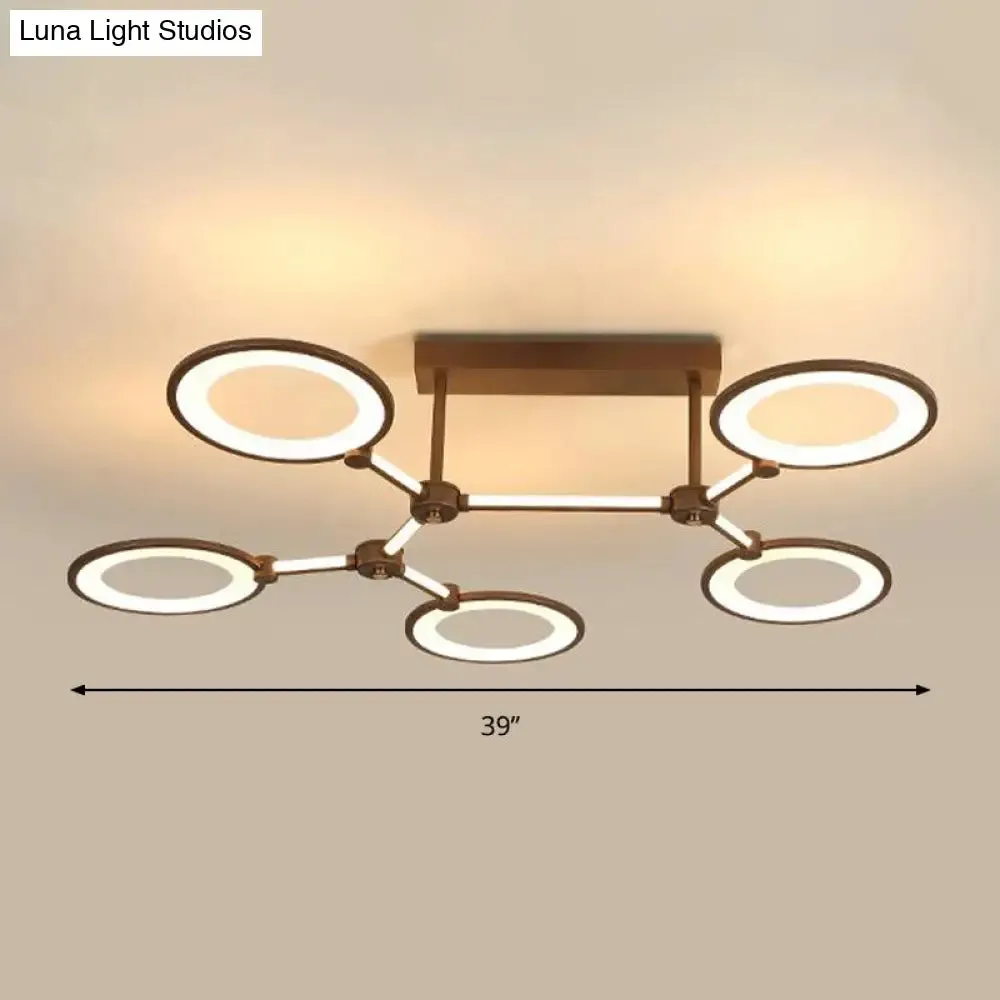 Acrylic Semi Flush Mount Ceiling Lamp - 5 Light Circle Ring Fixture for Contemporary Living Room in Coffee
