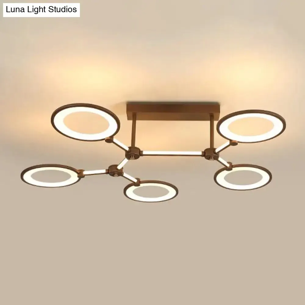 Acrylic Semi Flush Mount Ceiling Lamp - 5 Light Circle Ring Fixture for Contemporary Living Room in Coffee