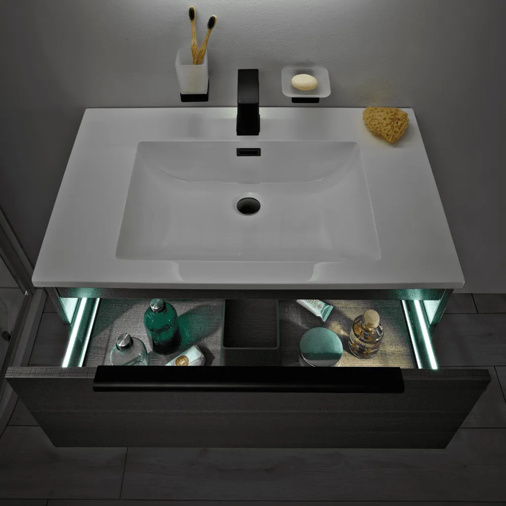 Ambience 800mm Wall Hung LED Vanity Unit And Basin Rustic Oak, Grey or White Basin and Optional Frame