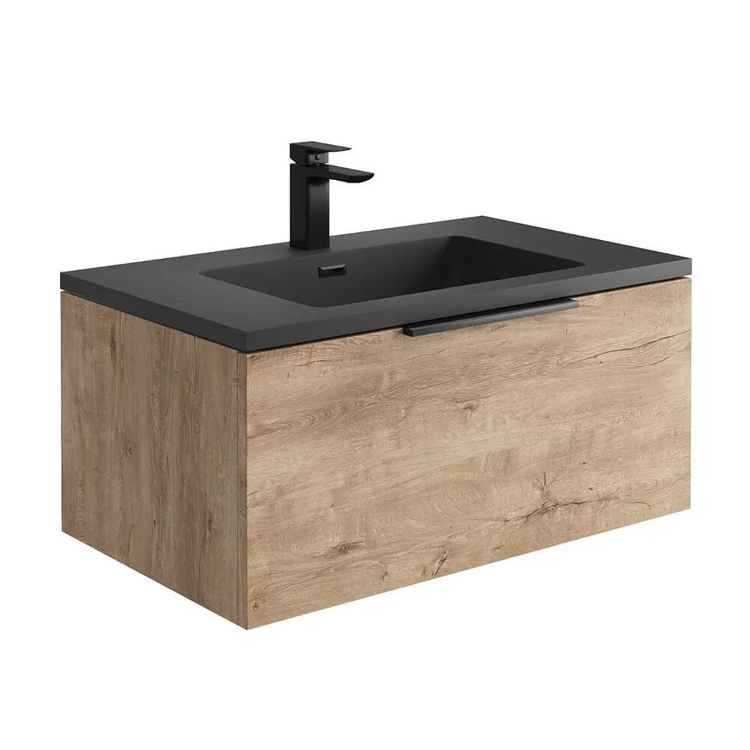 Ambience 800mm Wall Hung LED Vanity Unit And Basin Rustic Oak, Grey or White Basin and Optional Frame