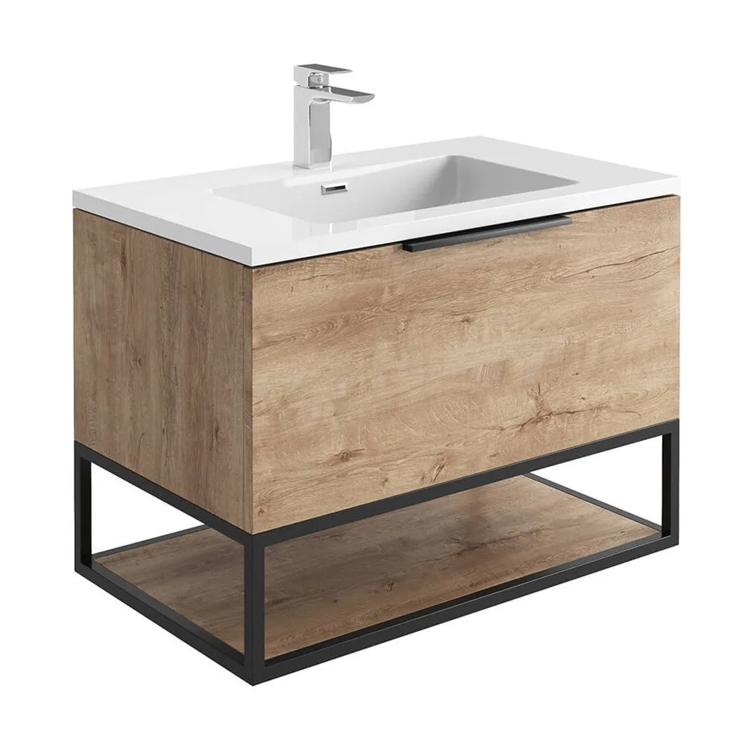 Ambience 800mm Wall Hung LED Vanity Unit And Basin Rustic Oak, Grey or White Basin and Optional Frame