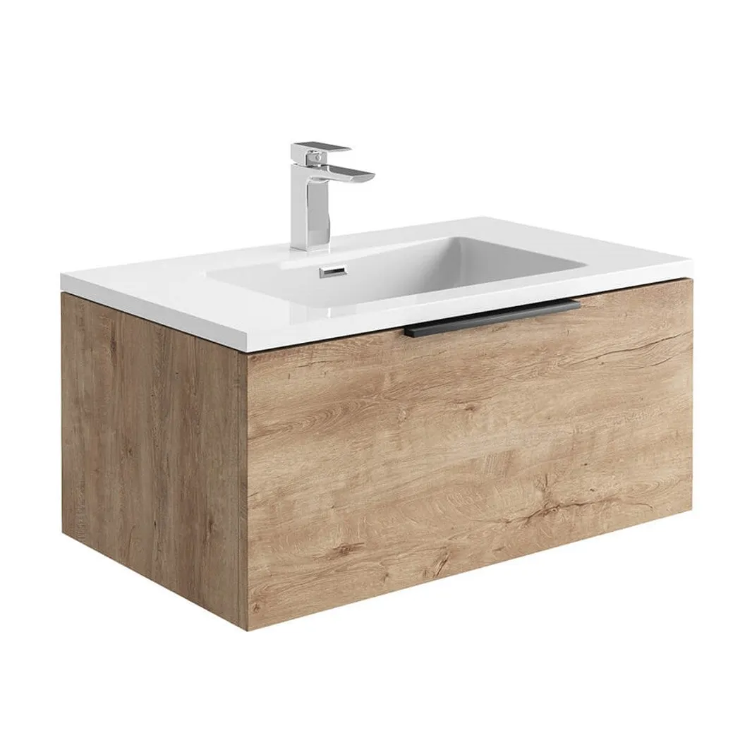 Ambience 800mm Wall Hung LED Vanity Unit And Basin Rustic Oak, Grey or White Basin and Optional Frame