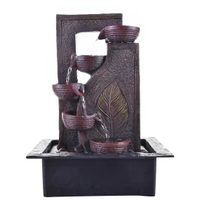 ANAVADYA Brown Polyresin Designer Table Top 4 Tier Waterfall Fountain | Table Top Indoor Outdoor Water Fountain with Multicolour Lights for Home Decor Decoration Showpiece (Size: 40 x 29.5 x 22 CM)