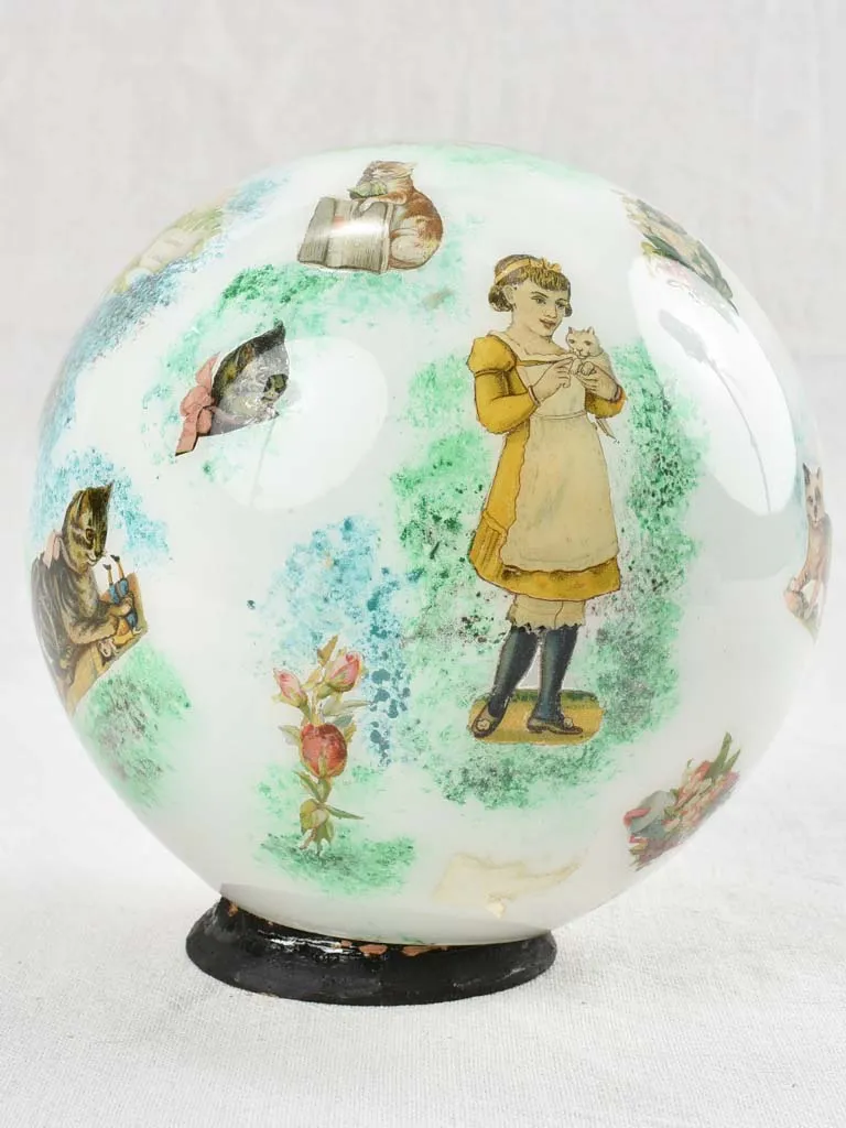 Antique French blown glass wig display decorated with cats 8¼"