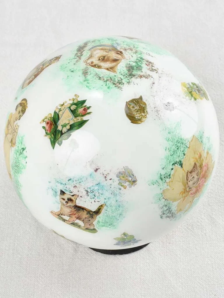 Antique French blown glass wig display decorated with cats 8¼"