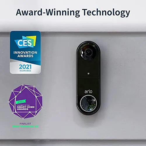 Arlo Essential Wire-Free Battery Operated Video Doorbell - HD Video, 180° View, Night Vision, 2 Way Audio, Direct to Wi-Fi No Hub Needed, Black - AVD2001B (Renewed)
