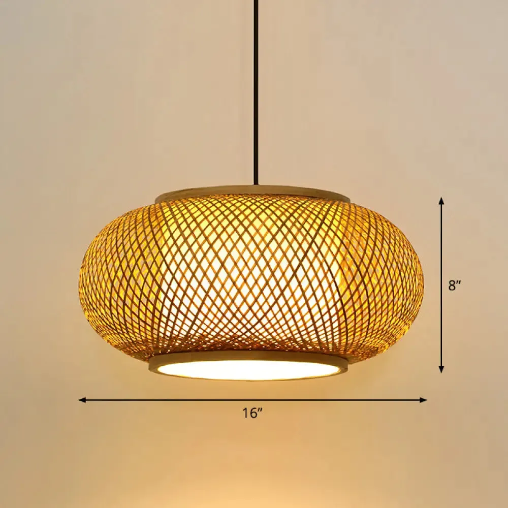 Asian Bamboo Round Ceiling Hanging Lantern - 1-Light Beige Pendant Light for Suspension