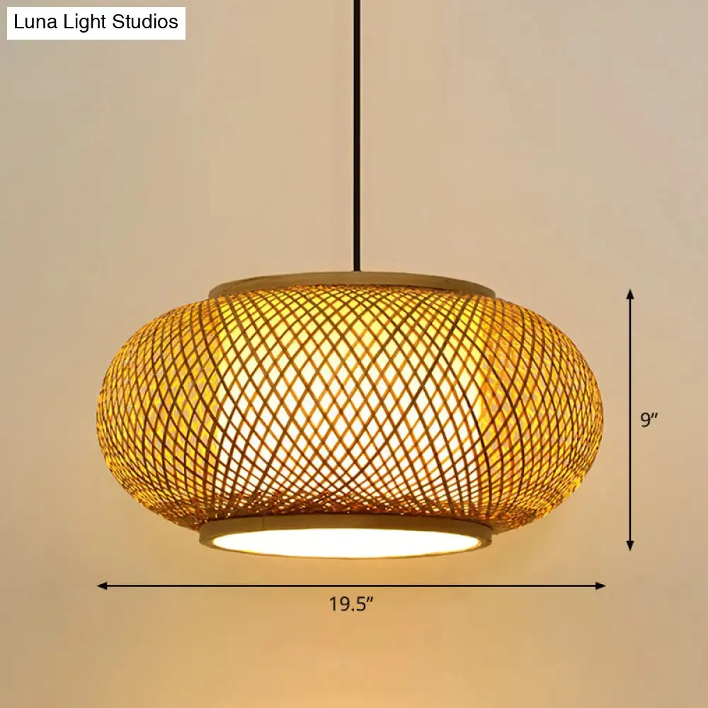 Asian Bamboo Round Ceiling Hanging Lantern - 1-Light Beige Pendant Light for Suspension
