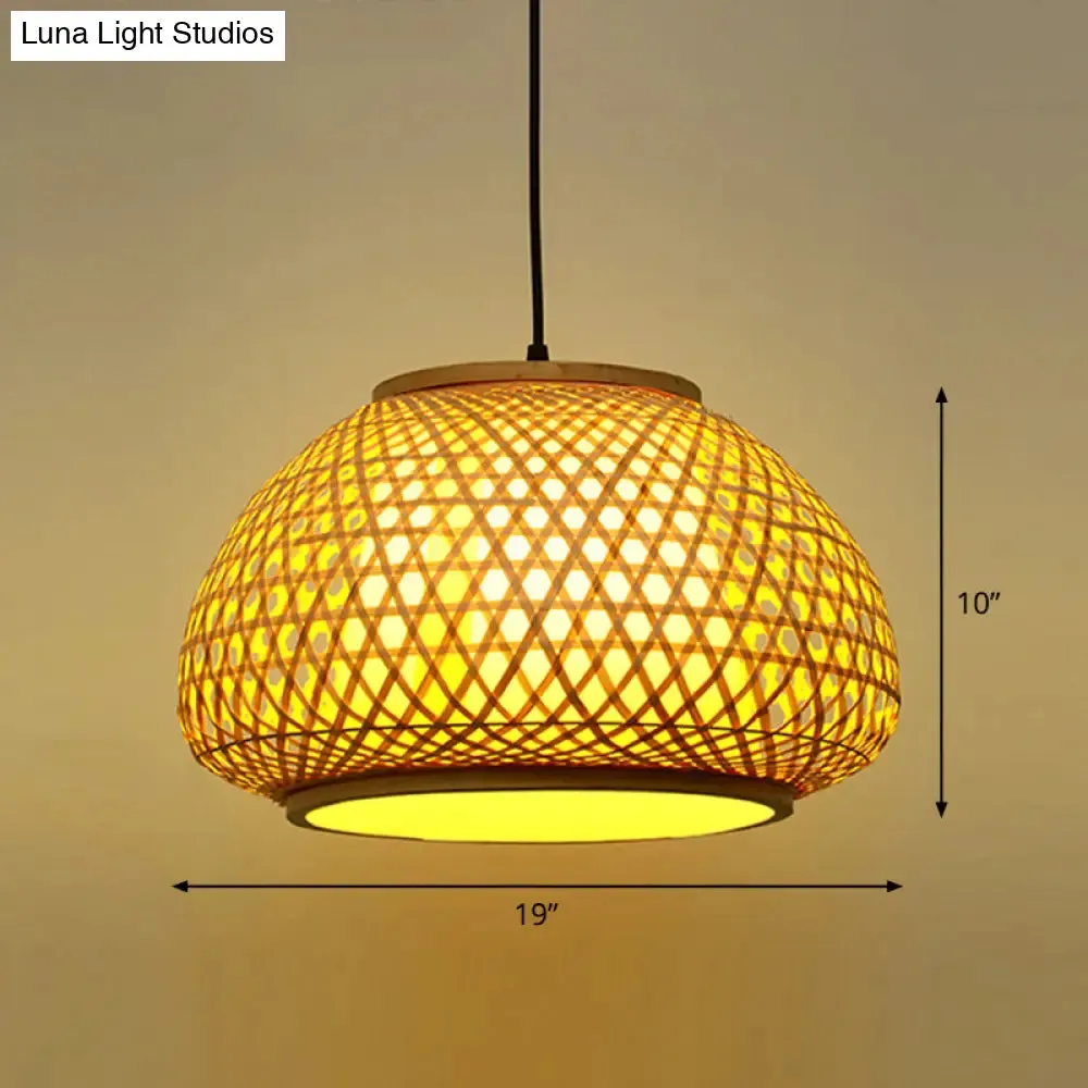 Asian Bamboo Round Ceiling Hanging Lantern - 1-Light Beige Pendant Light for Suspension