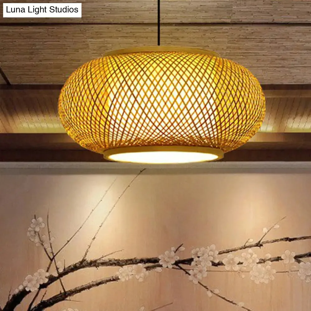 Asian Bamboo Round Ceiling Hanging Lantern - 1-Light Beige Pendant Light for Suspension