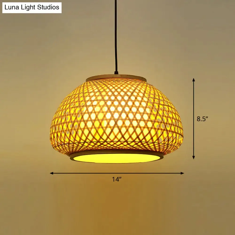 Asian Bamboo Round Ceiling Hanging Lantern - 1-Light Beige Pendant Light for Suspension