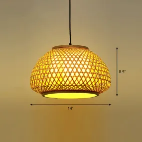Asian Bamboo Round Ceiling Hanging Lantern - 1-Light Beige Pendant Light for Suspension