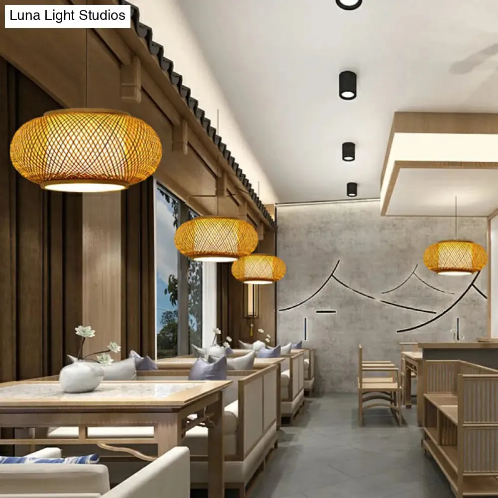 Asian Bamboo Round Ceiling Hanging Lantern - 1-Light Beige Pendant Light for Suspension