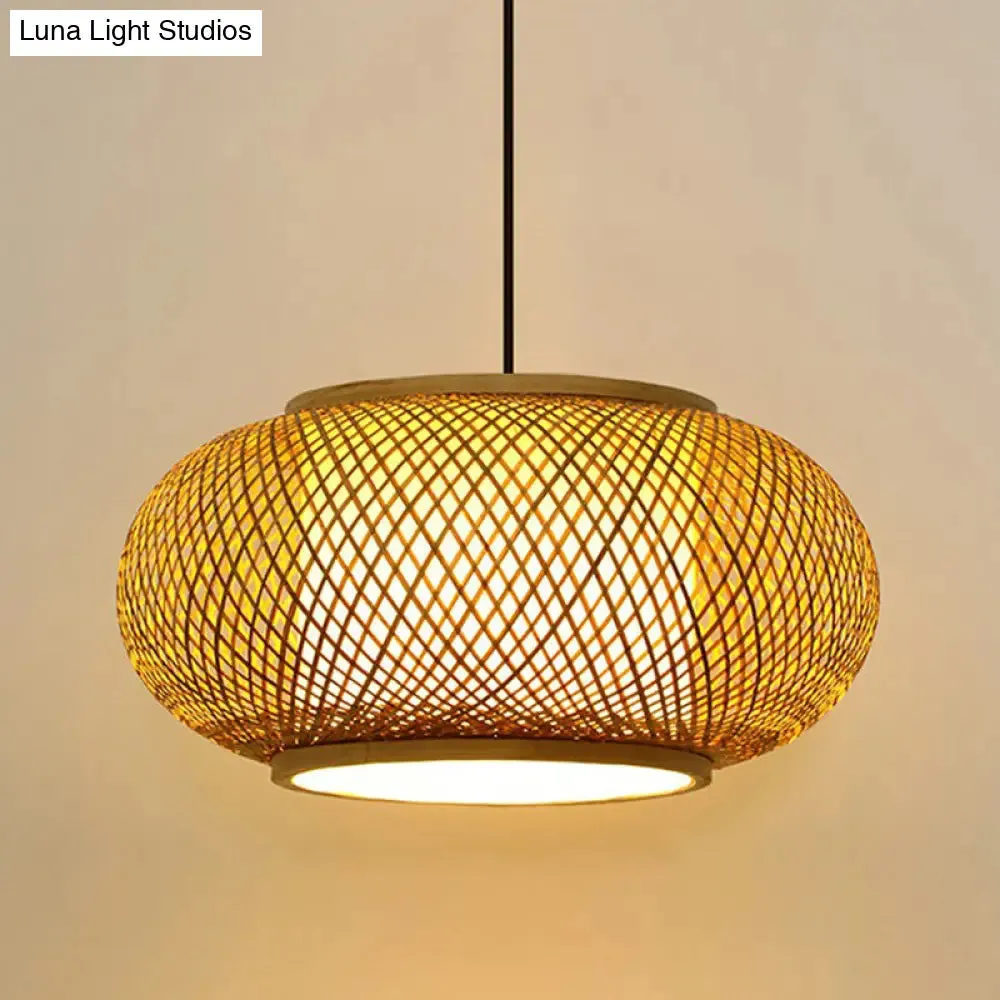 Asian Bamboo Round Ceiling Hanging Lantern - 1-Light Beige Pendant Light for Suspension