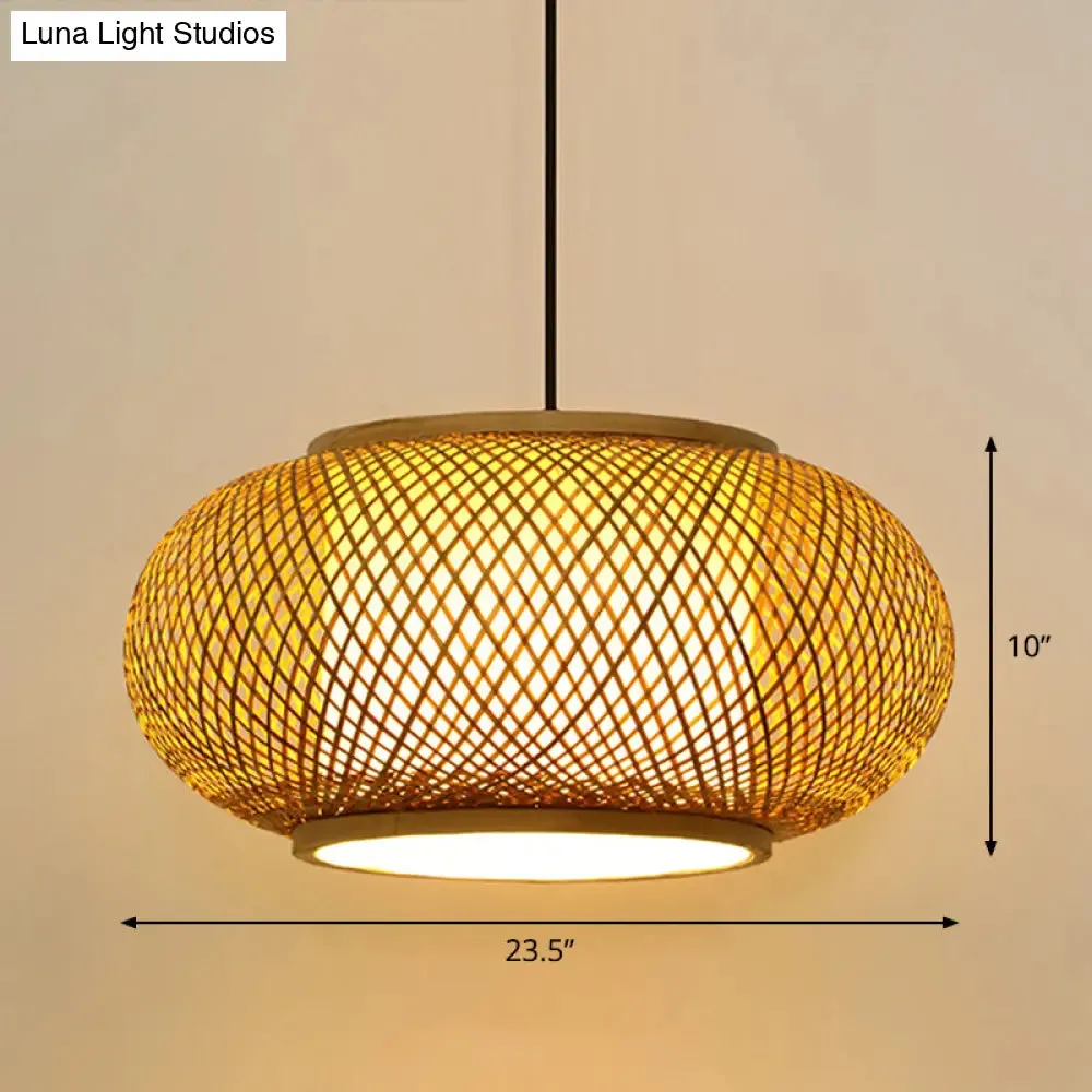 Asian Bamboo Round Ceiling Hanging Lantern - 1-Light Beige Pendant Light for Suspension