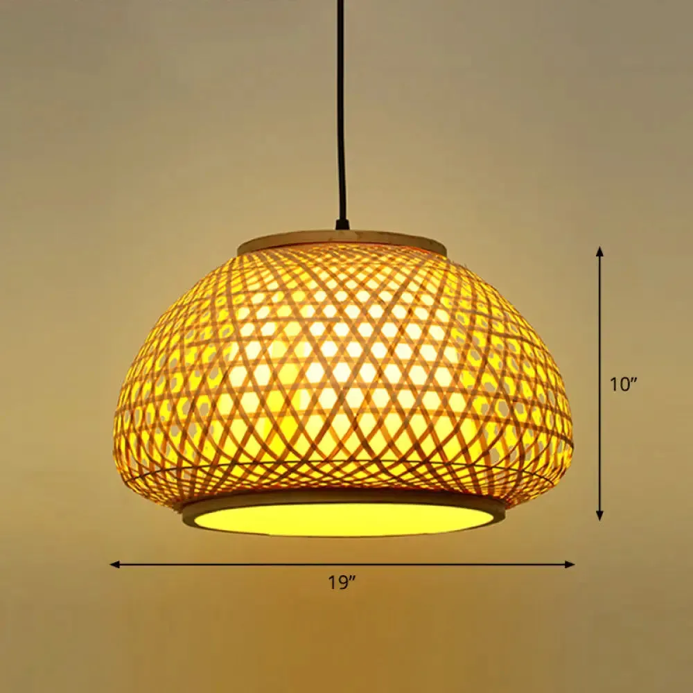 Asian Bamboo Round Ceiling Hanging Lantern - 1-Light Beige Pendant Light for Suspension