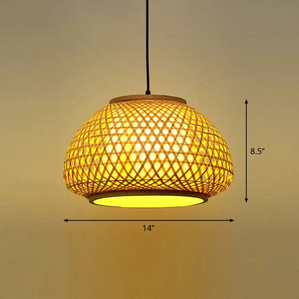 Asian Bamboo Round Ceiling Hanging Lantern - 1-Light Beige Pendant Light for Suspension