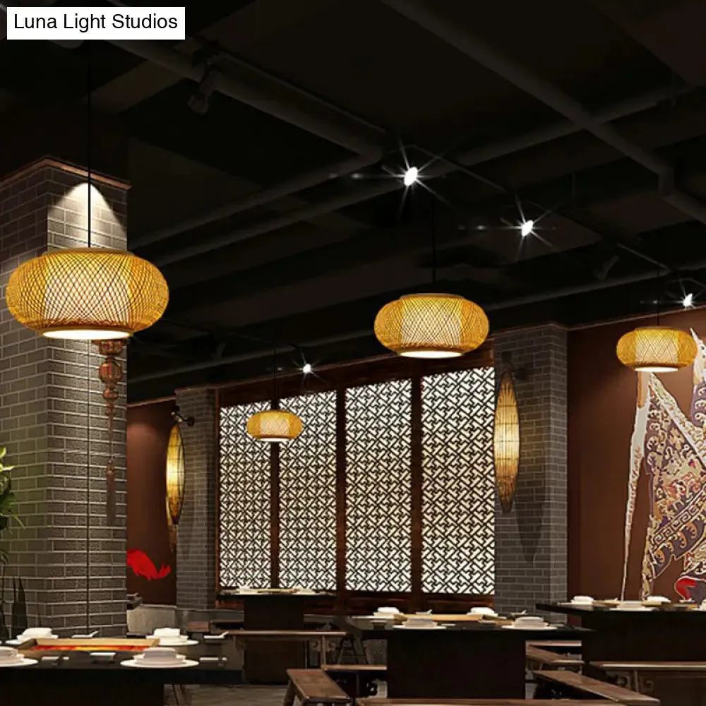 Asian Bamboo Round Ceiling Hanging Lantern - 1-Light Beige Pendant Light for Suspension