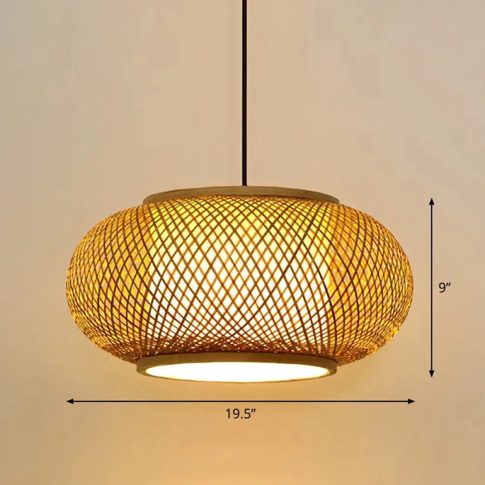 Asian Bamboo Round Ceiling Hanging Lantern - 1-Light Beige Pendant Light for Suspension