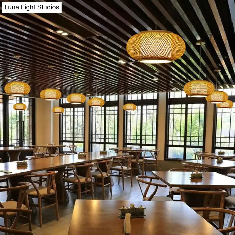 Asian Bamboo Round Ceiling Hanging Lantern - 1-Light Beige Pendant Light for Suspension