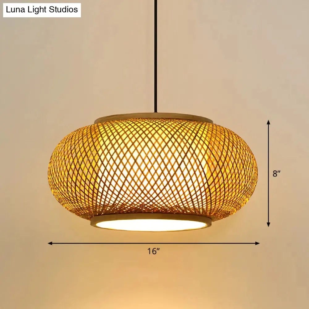Asian Bamboo Round Ceiling Hanging Lantern - 1-Light Beige Pendant Light for Suspension
