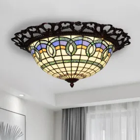 Baroque Bronze Stained Glass LED Ceiling Lamp with Grid Bowl Shape - Flush Mount Lighting