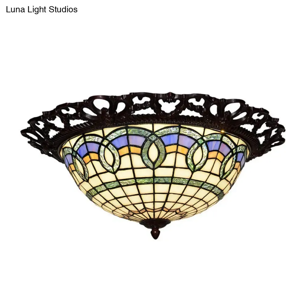 Baroque Bronze Stained Glass LED Ceiling Lamp with Grid Bowl Shape - Flush Mount Lighting