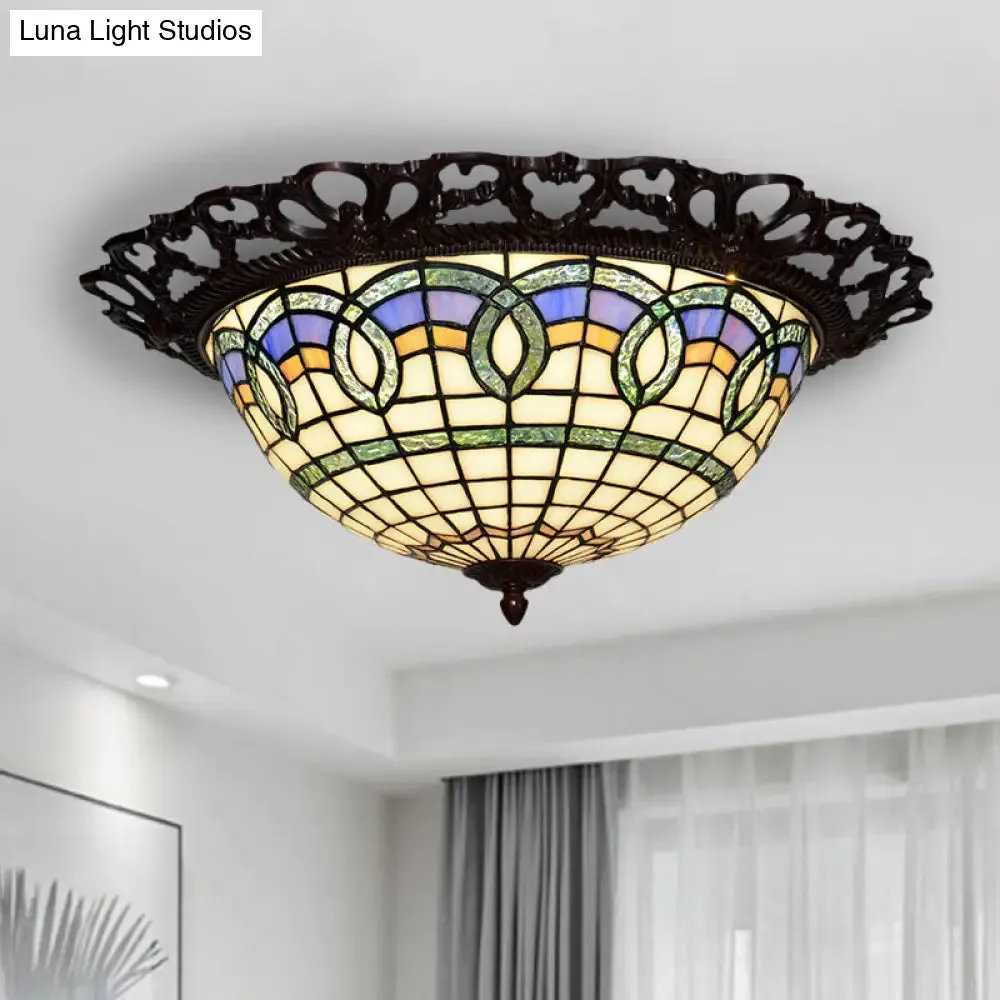 Baroque Bronze Stained Glass LED Ceiling Lamp with Grid Bowl Shape - Flush Mount Lighting