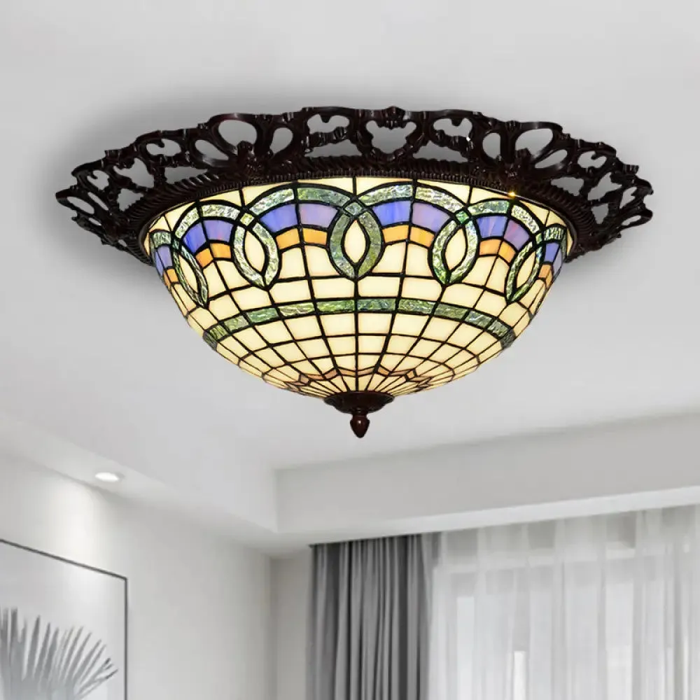 Baroque Bronze Stained Glass LED Ceiling Lamp with Grid Bowl Shape - Flush Mount Lighting