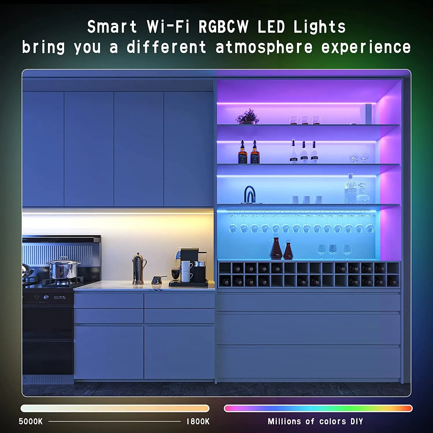 BASON LIGHTING 6Pcs RGBCW Wi-Fi Smart Led Light Strip, LED under Cabinet Light Kit with Alexa,Google Home,App and Remote Control Dimmable for Kitchen Cabinet,Counter,Shelf,Showcase, Supper Bright
