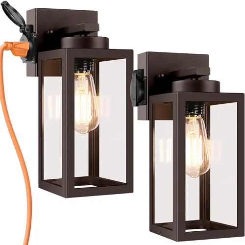 Bdrofn 2-Pack Dusk to Dawn Outdoor Light Fixtures,Outdoor Wall Lights with Outlet Sensor,Bronze Exterior Porch Lights Waterproof Outdoor Wall Sconce,Outside Lights for House,Garage,Front Door