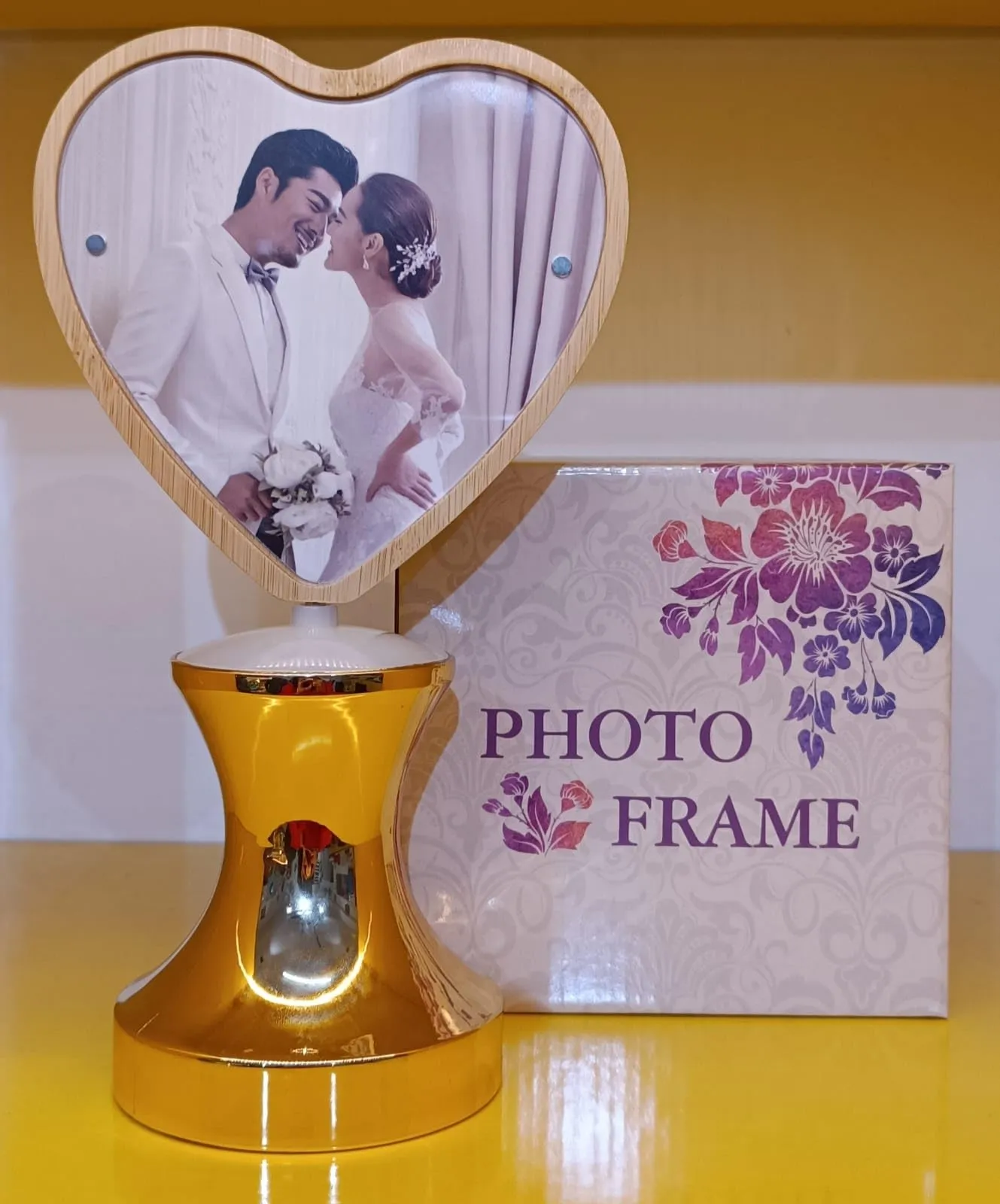 Bindaas Gifts Personalised/Customised 3D Wooden Rotating LED Photo Frame, 24cm, 2 Photo Placement, USB, for Home, Office, Gift, Valentine's Day (Heart)