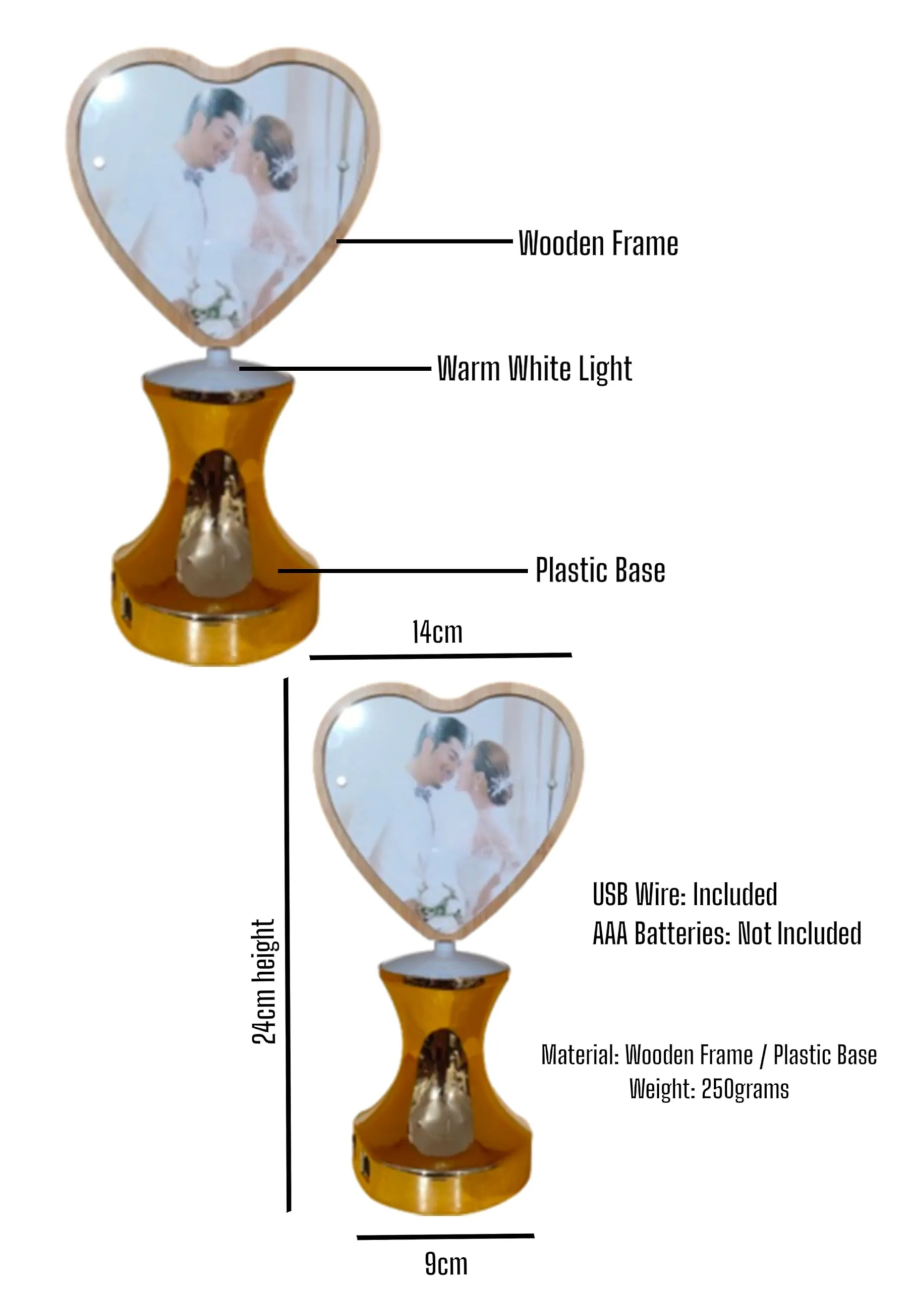 Bindaas Gifts Personalised/Customised 3D Wooden Rotating LED Photo Frame, 24cm, 2 Photo Placement, USB, for Home, Office, Gift, Valentine's Day (Heart)