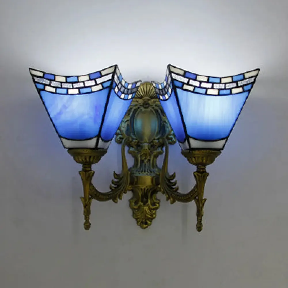 Blue Stained Glass Nautical Wall Lamp with 2 Lights for Bedroom