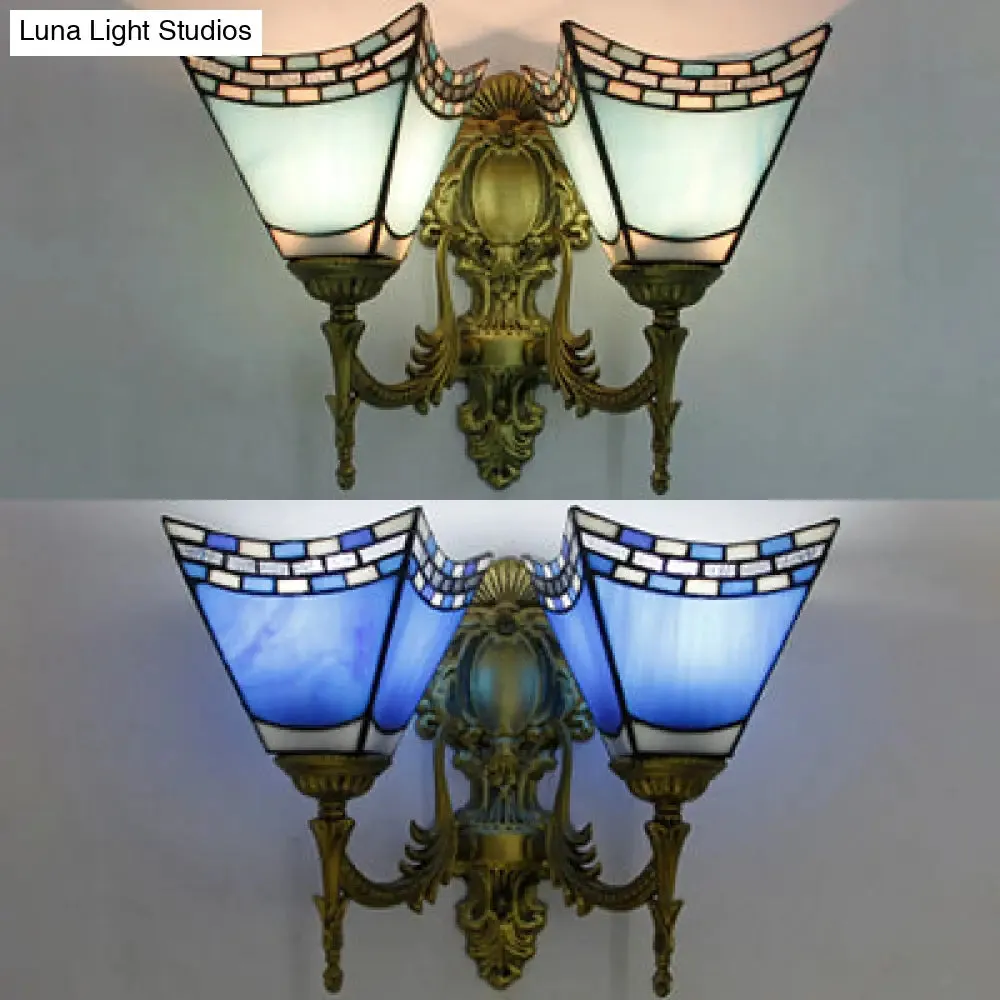 Blue Stained Glass Nautical Wall Lamp with 2 Lights for Bedroom