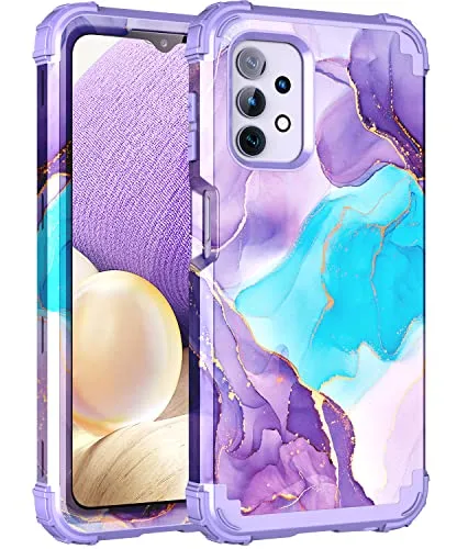 BQQFG for Galalxy A32 5G Case,Marble Design Three Layer Heavy Duty Shockproof Hybrid Hard Plastic Bumper Soft Silicone Rubber Drop Protective Cover Case for Samsung Galaxy A32 5G 6.5",Deep Purple