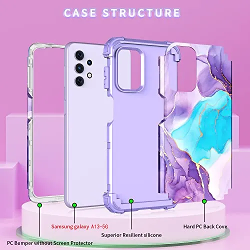 BQQFG for Galalxy A32 5G Case,Marble Design Three Layer Heavy Duty Shockproof Hybrid Hard Plastic Bumper Soft Silicone Rubber Drop Protective Cover Case for Samsung Galaxy A32 5G 6.5",Deep Purple