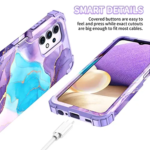 BQQFG for Galalxy A32 5G Case,Marble Design Three Layer Heavy Duty Shockproof Hybrid Hard Plastic Bumper Soft Silicone Rubber Drop Protective Cover Case for Samsung Galaxy A32 5G 6.5",Deep Purple