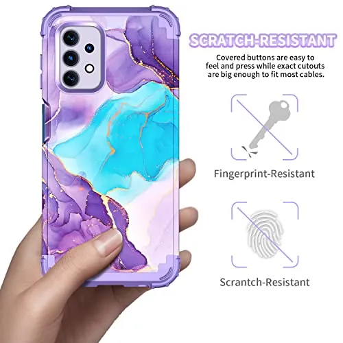 BQQFG for Galalxy A32 5G Case,Marble Design Three Layer Heavy Duty Shockproof Hybrid Hard Plastic Bumper Soft Silicone Rubber Drop Protective Cover Case for Samsung Galaxy A32 5G 6.5",Deep Purple