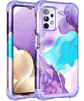 BQQFG for Galalxy A32 5G Case,Marble Design Three Layer Heavy Duty Shockproof Hybrid Hard Plastic Bumper Soft Silicone Rubber Drop Protective Cover Case for Samsung Galaxy A32 5G 6.5",Deep Purple