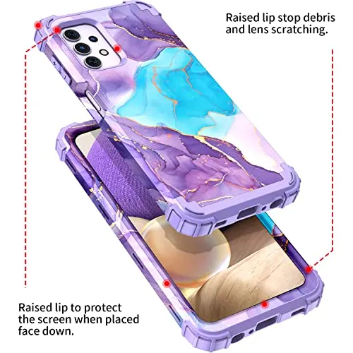 BQQFG for Galalxy A32 5G Case,Marble Design Three Layer Heavy Duty Shockproof Hybrid Hard Plastic Bumper Soft Silicone Rubber Drop Protective Cover Case for Samsung Galaxy A32 5G 6.5",Deep Purple